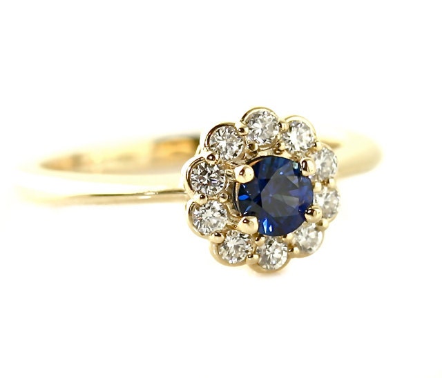 14K Blue Sapphire Diamond Halo Engagement Ring 14K 18K White Yellow Rose Gold Platinum Palladium Bridal Jewelry