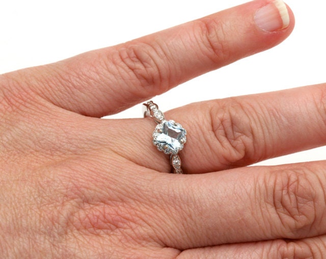 14K Asscher Aquamarine Diamond Engagement Ring Aquamarine Ring Custom Bridal Jewelry