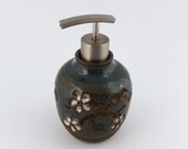 Soap or Lotion Bottle Carved Cherry Blossoms/ Blue-green/ Handmade Wheel Thrown Pottery