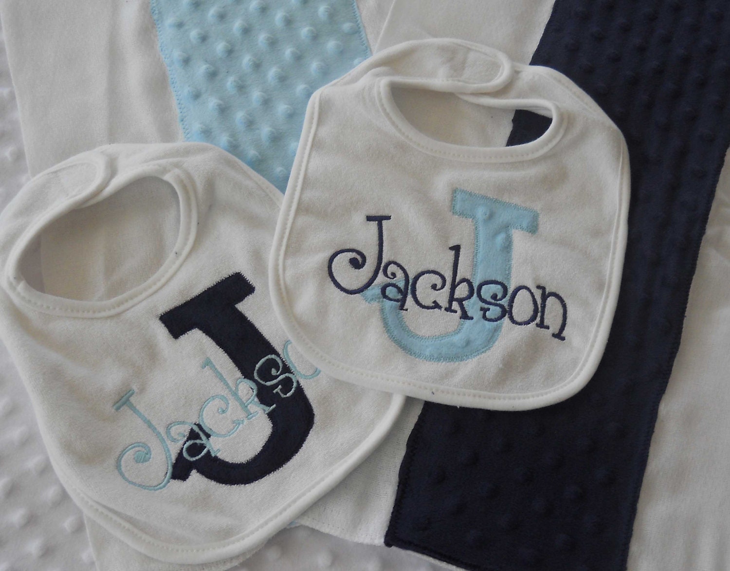 Personalized Gift Set of 2 Baby boy Bibs with Appliqued INiTiaL in MiNKy and embroidered name and 2 minky burp cloths NaVY and LiGHT BLue