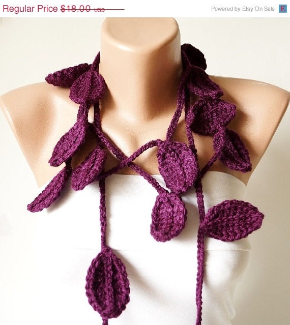 SALE - Leaf Scarf, Handmade Crochet Purple , Flower Lariat, Scarf, Necklace