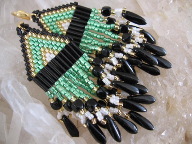 Beadwoven Seed Bead Earrings - Green/White/Black