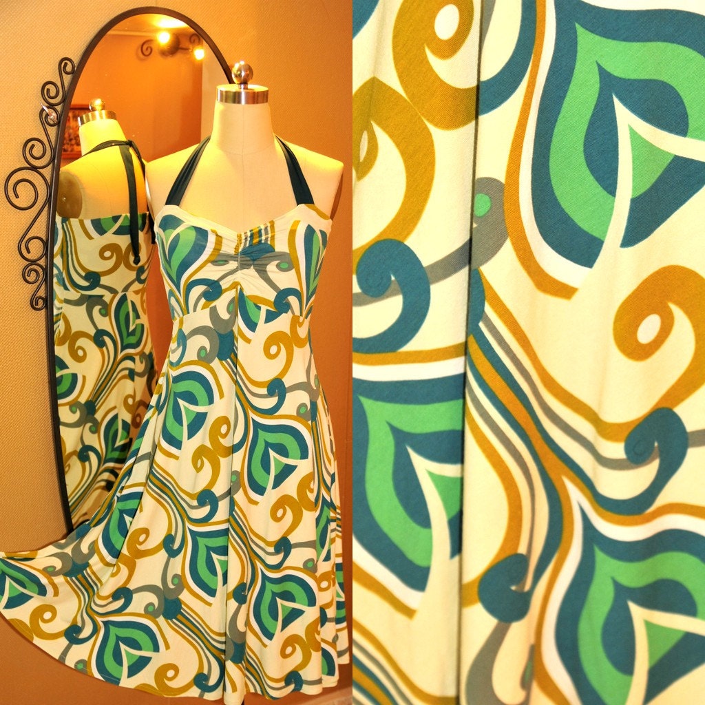 Halter cream color summer dress with an amazing 60's inspired wallpaper  print in shads of green and mustered yellow