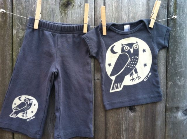 Woodland Grey Owl Hand Silkscreened Infant Pant- 3month, 6 month, 12 month and 18 month