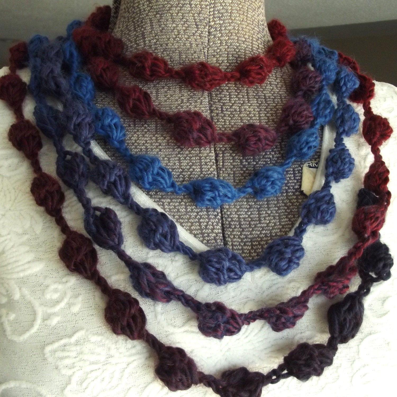 Crochet Fashion Scarf, Navy Royal Blue Burgundy Plum, Skinny Lightweight Wool, Berry Stitches, Belt
