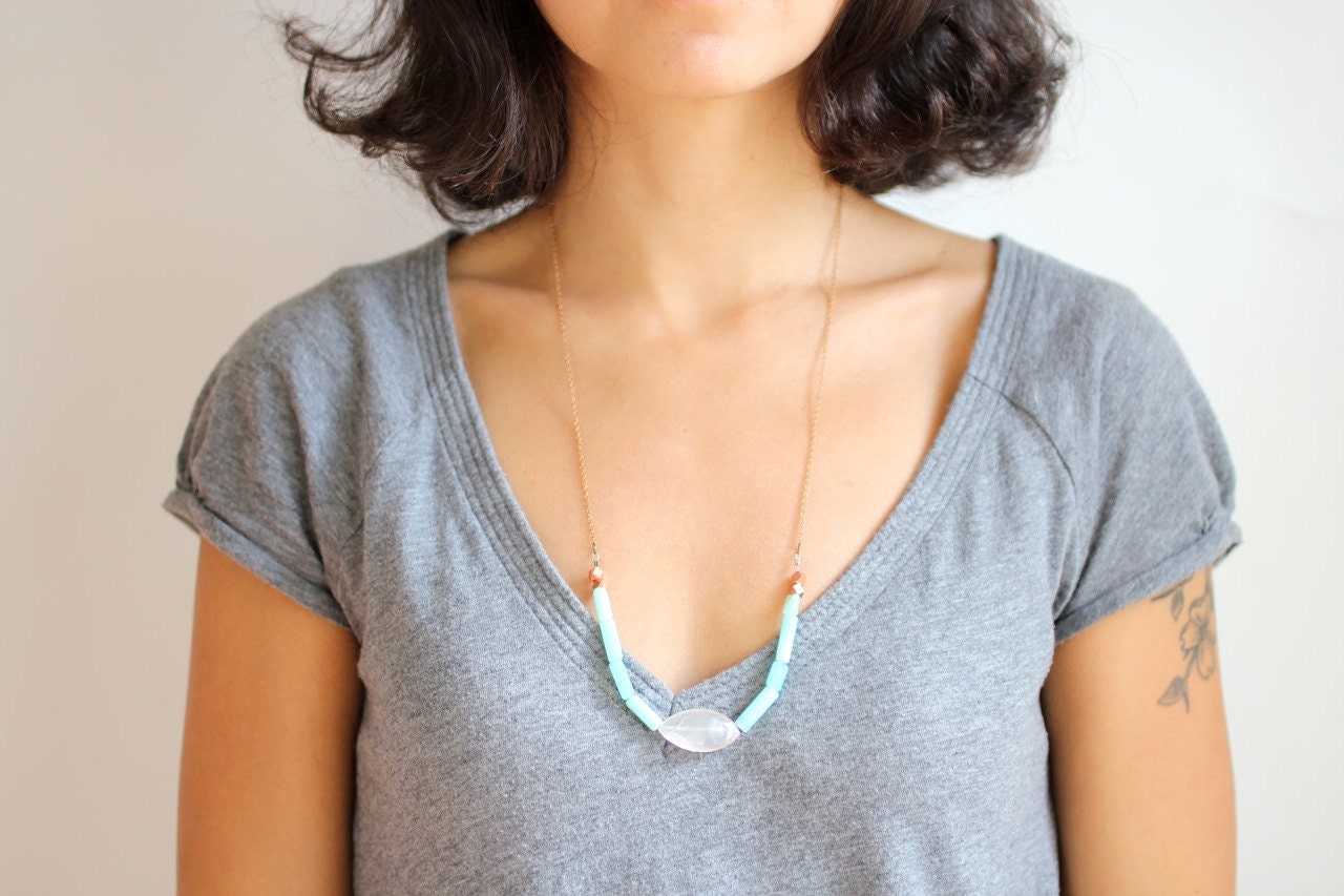 Faceted Rose Quartz Mint Opal Necklace on Copper Chain