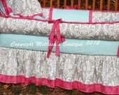 Custom Grey Damask with YOUR CHOICE of Accent 4-Piece Complete Boutique with Piping and Ruffles Crib Nursery Bedding Set