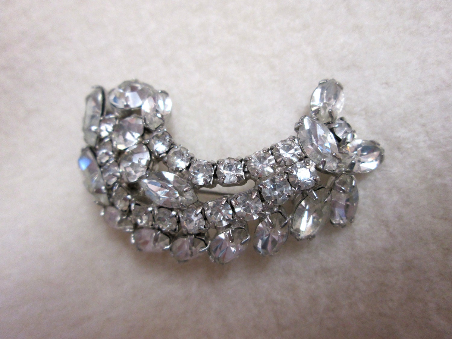 Vintage 1950s Rhinestone Crescent Brooch Large Pin