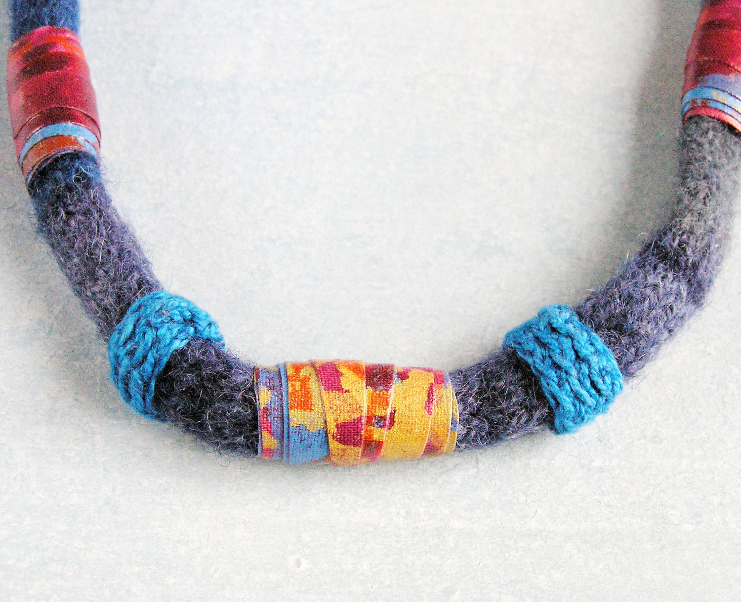 fiber  art  jewelry  -  beaded textile necklace - blue red - crochet  fabric beads