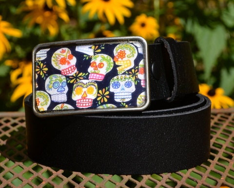 The Eva Belt.  Calaveras/Skull Buckle with Black Leather Belt