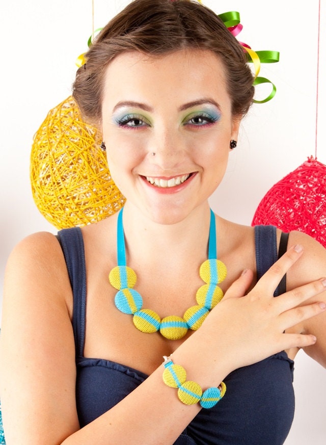 Large Knitted Cotton Necklace - Lime and Turquoise  (Free UK Shipping)