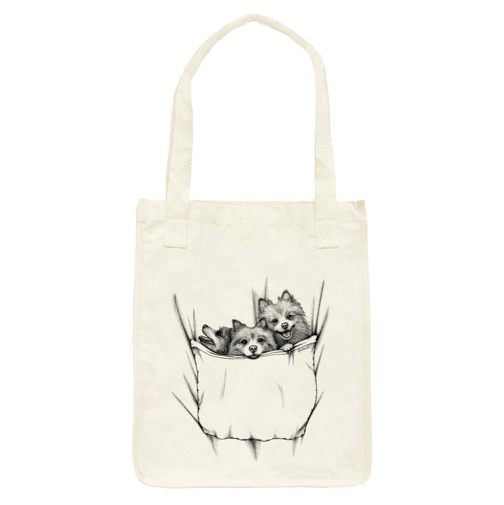 Three Pomeranians in Pocket Dog Art Tote - Organic Cotton Grocery Market Bag