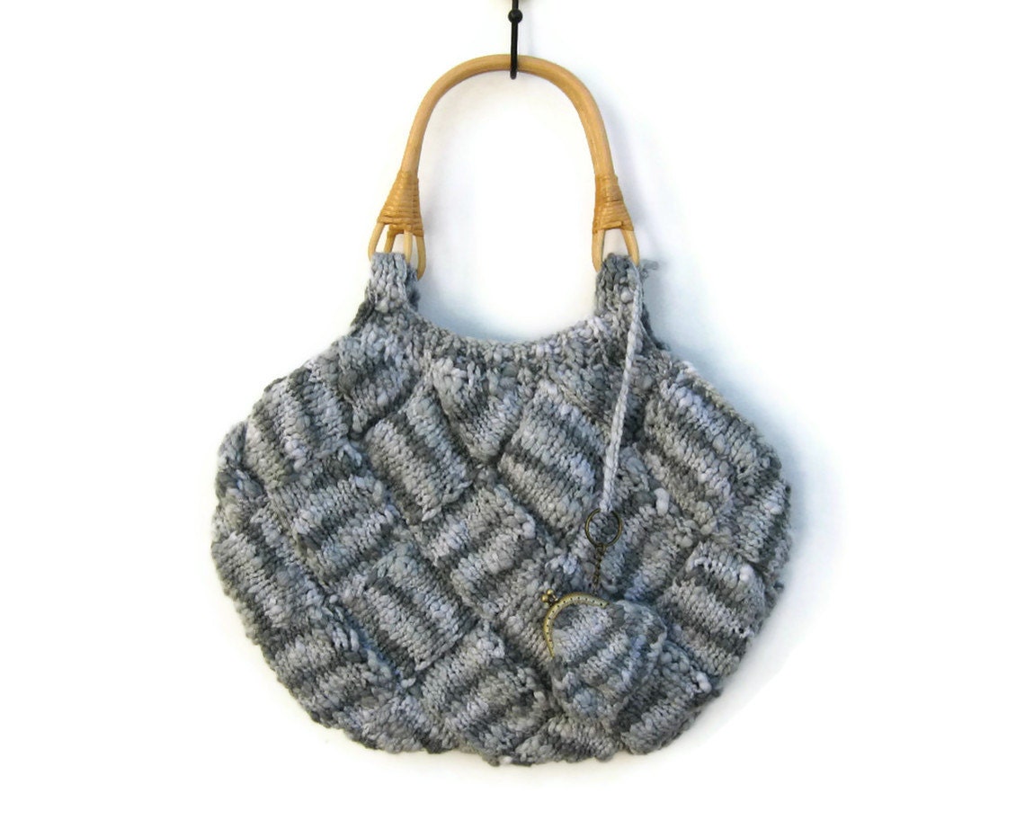 Handbag Knitted in Variegated Gray Cotton with Rattan Handles