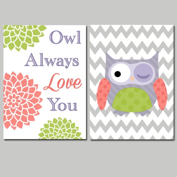 Cute Owl Always Love You Theme Pink Purple Green Floral Chevron Artwork Set of 2 Prints 8x10 Wall Decor Art Girl Crib Nursery Modern Picture