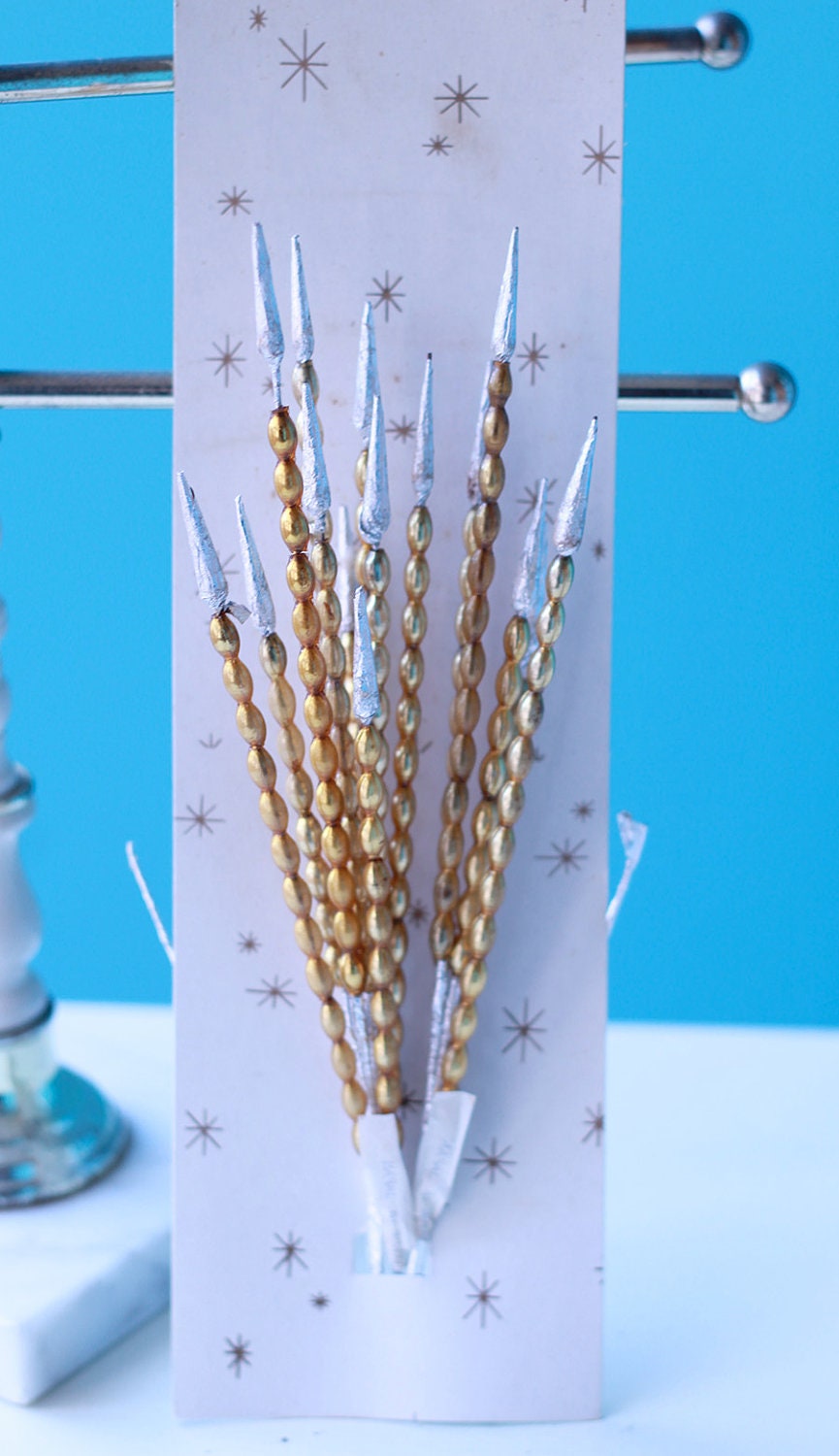 15 NOS vintage gold mercury glass beaded garland style Christmas floral picks - spikes