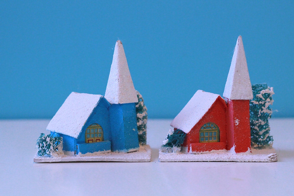 vintage PUTZ church - set of 2 - one red and one blue - 50s Christmas village decor
