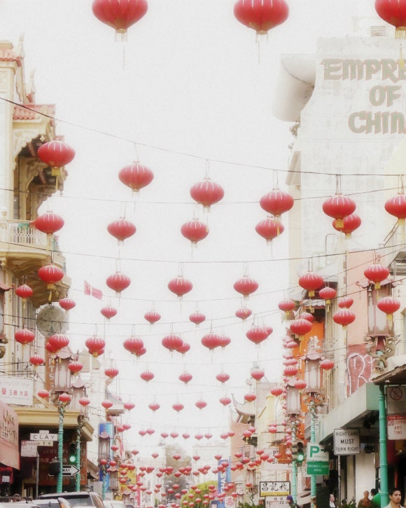 San Francisco photograph - Red Lanterns - red wall art - beige white - Fine Art Photography print  - dreamy city urban decor - Fill the Sky
