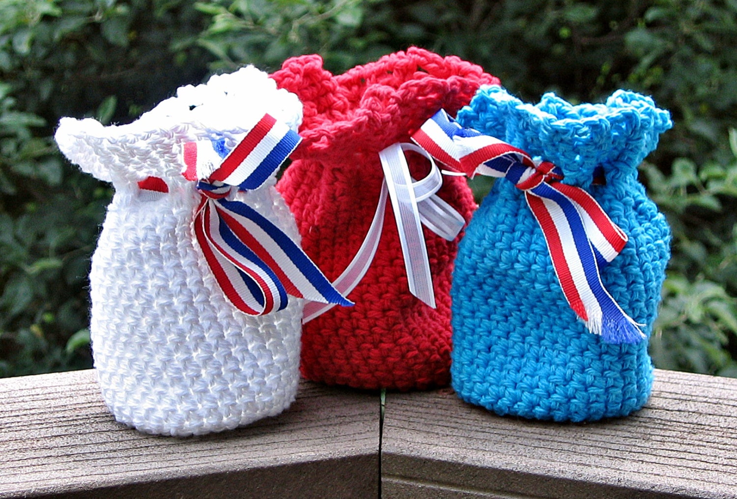 Crochet Patriotic Potpourri Sachet / Gift Bags / Pouch / Milk Jugs- Set of 3 - Red, White & Blue