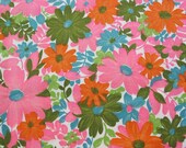 Vintage Fabric 70s Pink Aqua Mod Daisy Pique Flower Power