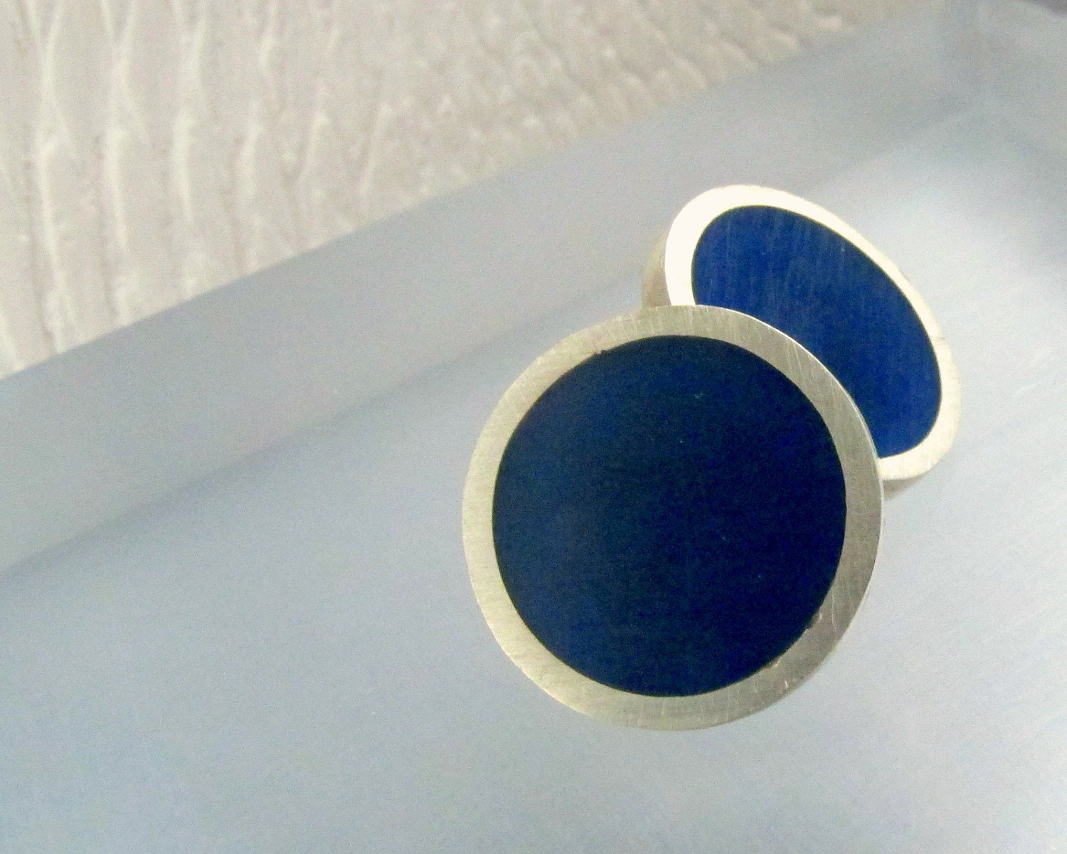 Round DeepSea Blue Earrings - Silver & Resin Jewelry - Stud Earring - Pop - UK