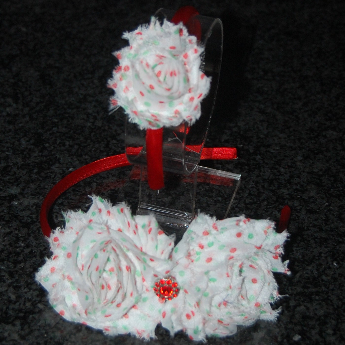 Doll and Child set red green pin dot / red covered headband with shabby chiffon flower for 15 to 18 inch dolls like American Girl Doll