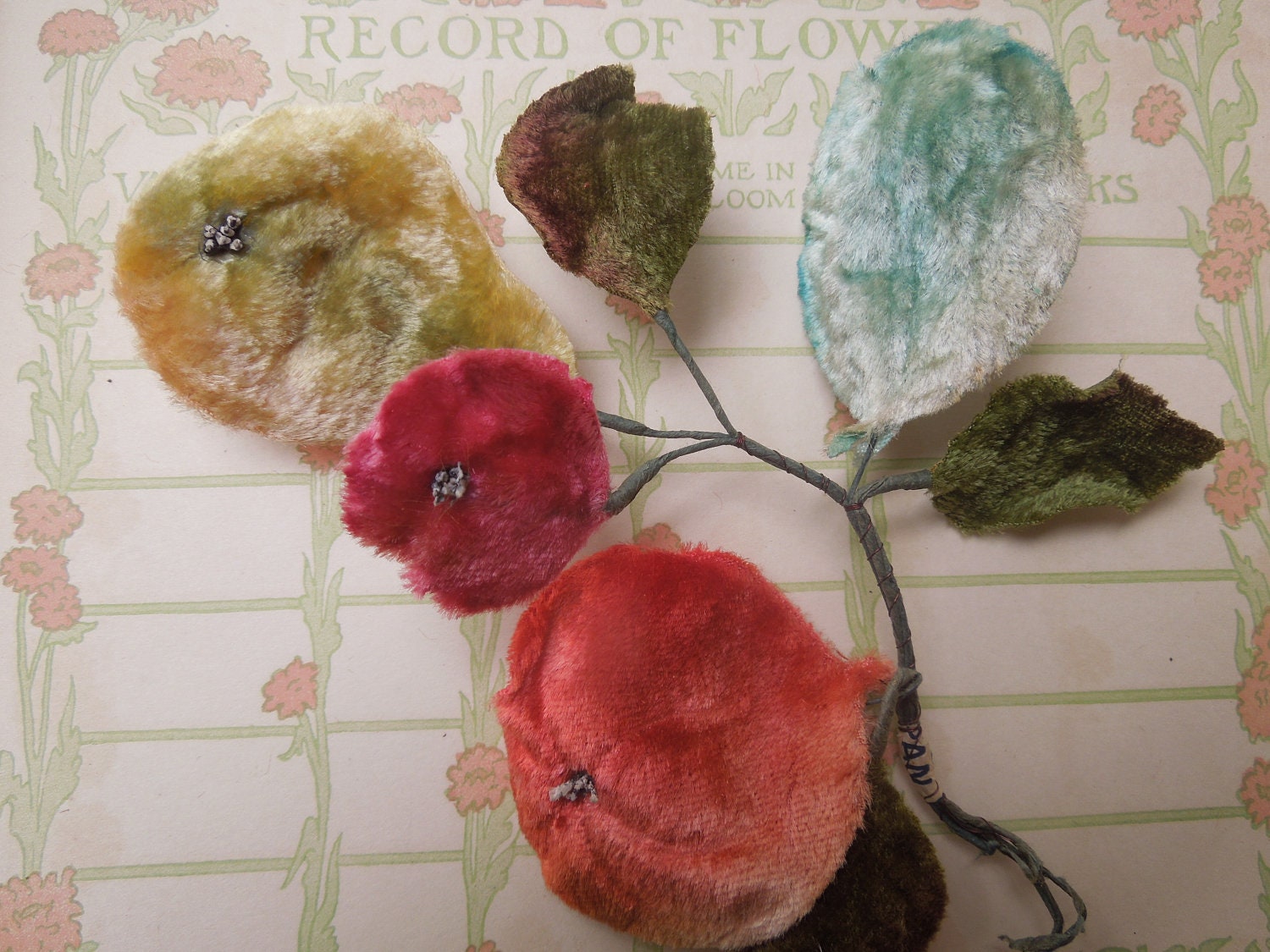 Vintage Bunch of Millinery Flowers and Fruits Shabby and Old Peach Pear