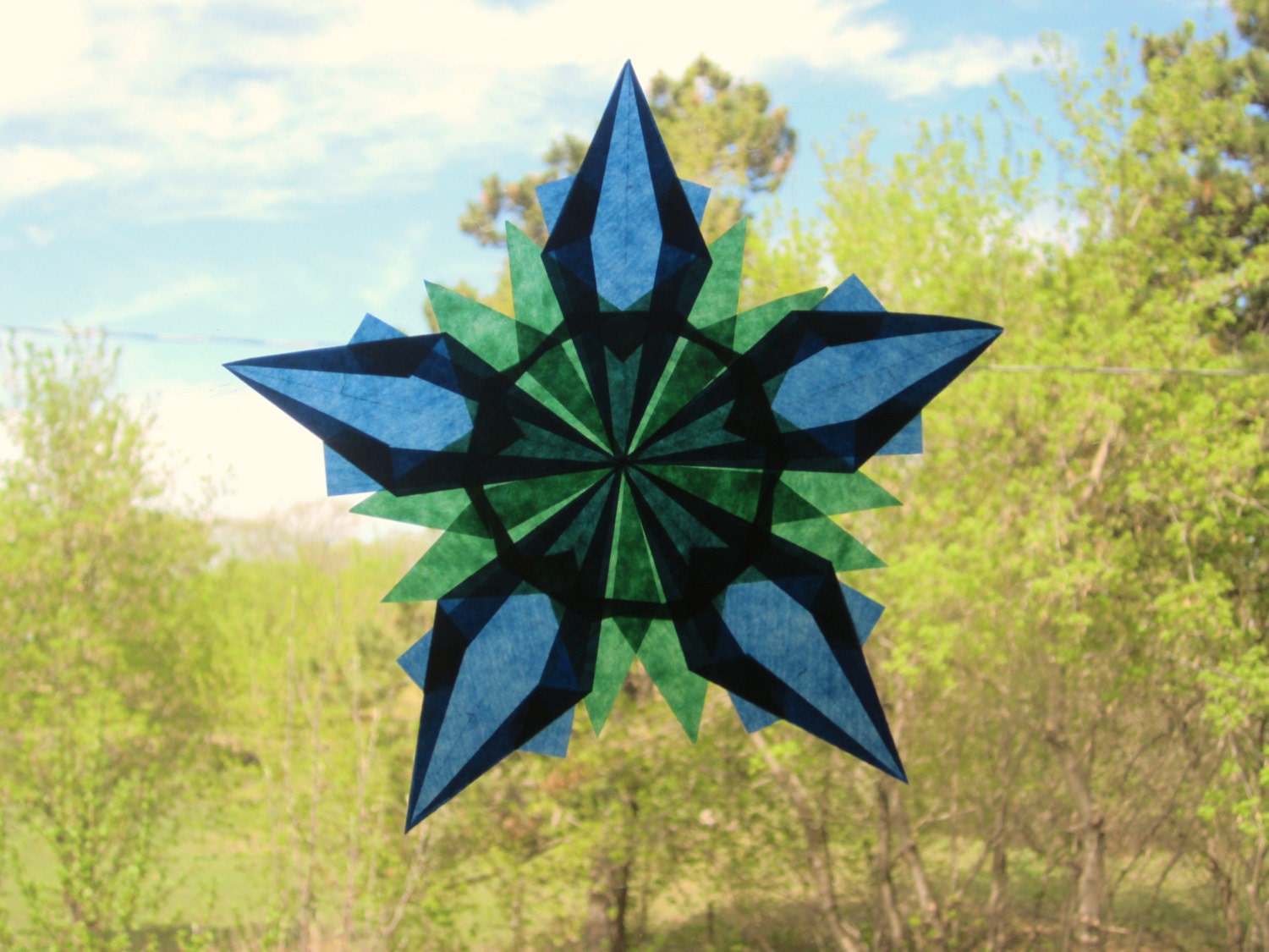 Green and Blue Waldorf Window Star with 5 Points
