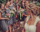 Custom fully lined bridesmaid ruffled collar dress w/ sash, pockets in gray - custom size and length