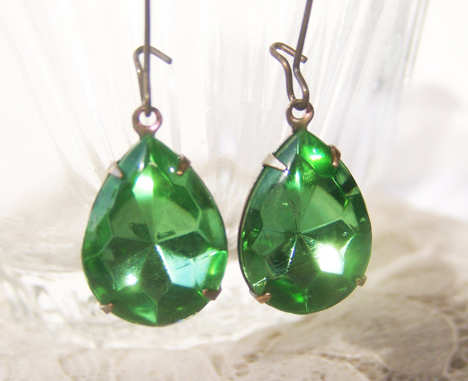 Peridot Vintage Glass Jewel Earrings, antiqued brass, elegant glam