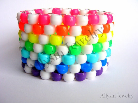 Rainbow, White Kandi Cuff, Neon Bracelet, Raver Plur,  Diagonal Pattern