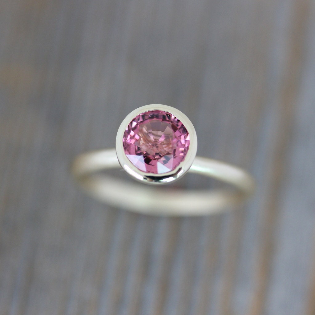 Bubble Gum Pink Tourmaline and 14k Yellow Gold Ring, Open Bezel Solitaire Design, Size 8 One of a Kind Ring