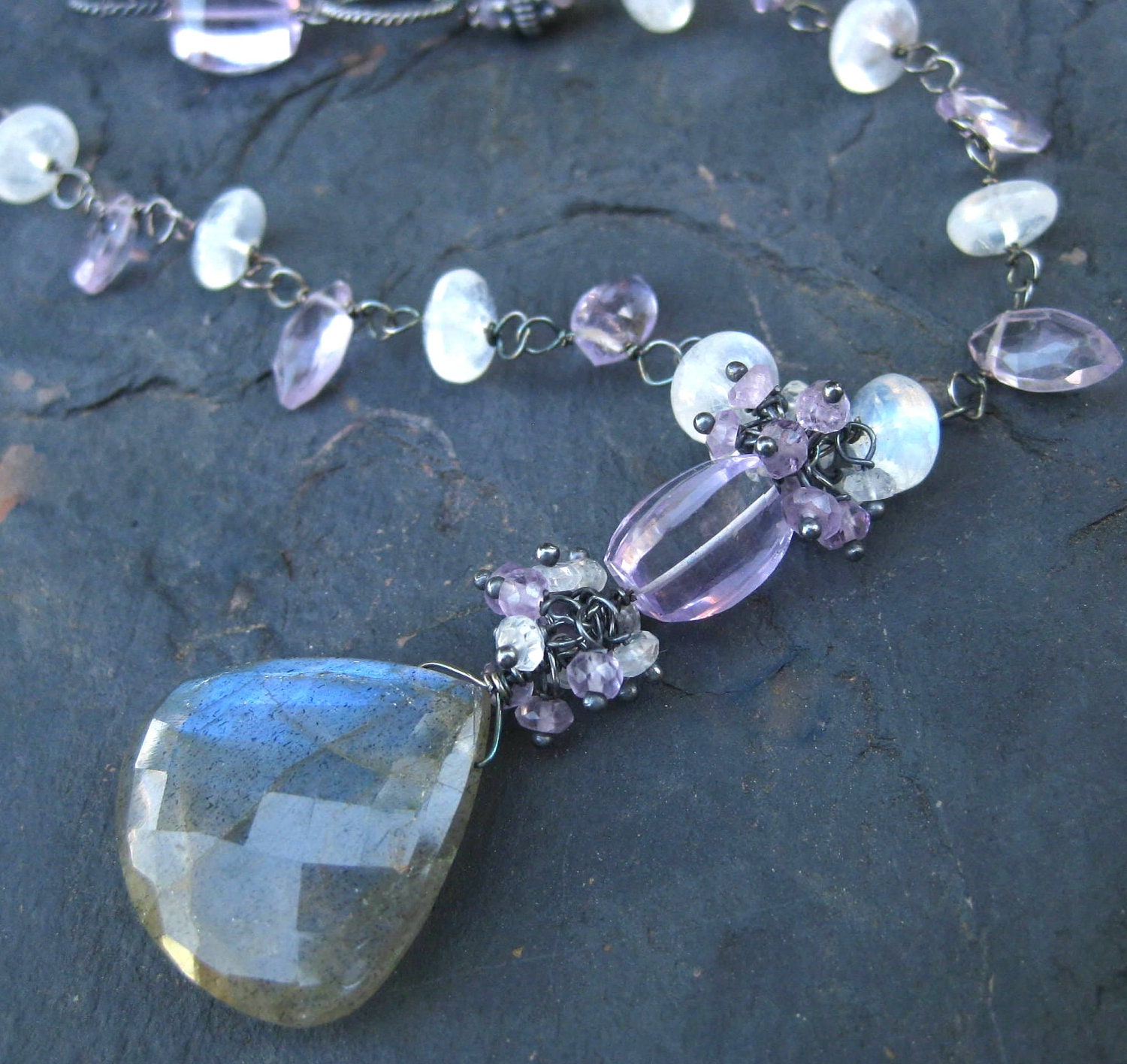 Labradorite necklace with pink amethyst, moonstone oxidized sterling silver gunmetal gray rainbow mermaid bride dark and stormy --Elena--