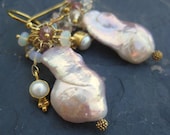 Pink baroque pearl earrings with opal, pearl charm mermaid bride gemstone jewelry cluster statement earrings --Marie--
