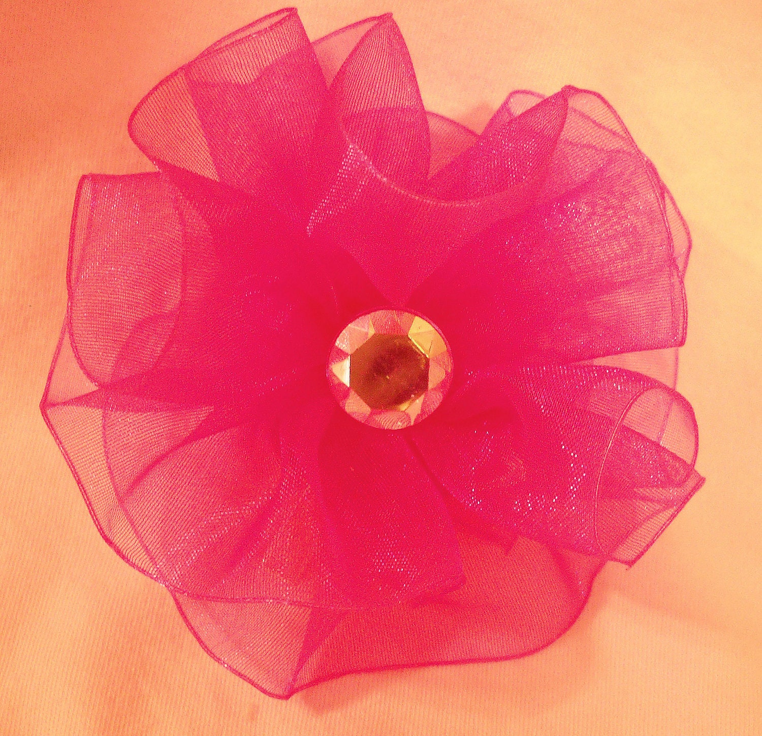 Hot Pink Sheer Flower Hair Clip with Irridescent Crystal Center