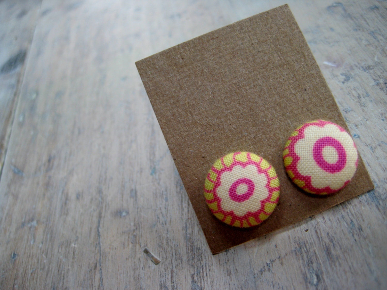 button earring studs - whimsical pink flowers with yellow accent