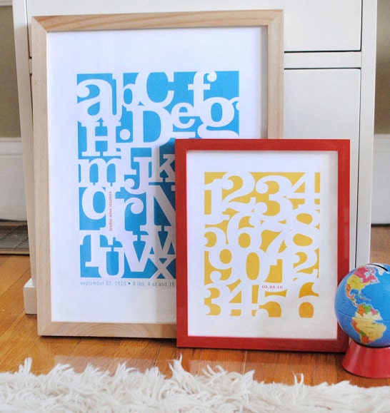 Alphabet Soup and Number Jumble Prints, modern nursery wall art, baby birth date name print, graphic print, typography, CUSTOM 11x14 SET