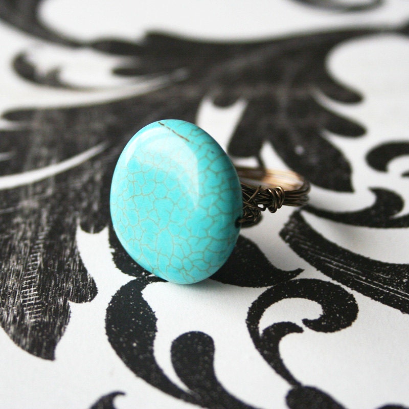 Turquoise Howlite and Grey Wire Wrapped Ring - Eco Friendly - Crackled brown - Gray - Cluster