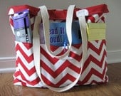 Large Teacher Tote Deluxe, REVERSIBLE, Chevron Beach Bag, school tote bag Red chevron and Red Dots, school colors