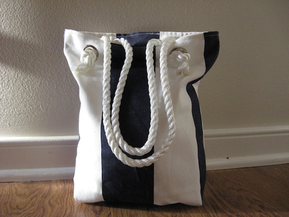 Nautical tote, Lunch bag, Nautical stripe mini tote Bag,  Rope Handles, Navy blue
