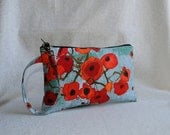 Square Wristlet  Zipper Pouch - Large Poppies in Teal
