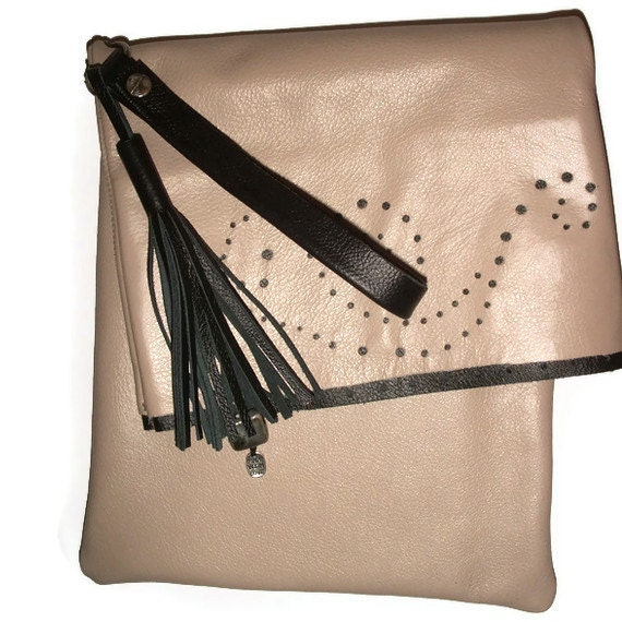 Taupe and Black Leather Fold Over wristlet Clutch