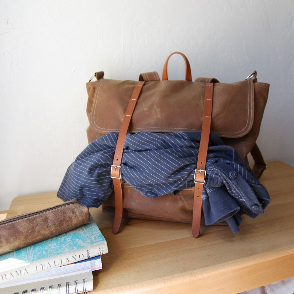 Waxed Canvas Backpack // Rucksack // Leather Straps // in Saddle Brown // Organic Cotton Lining