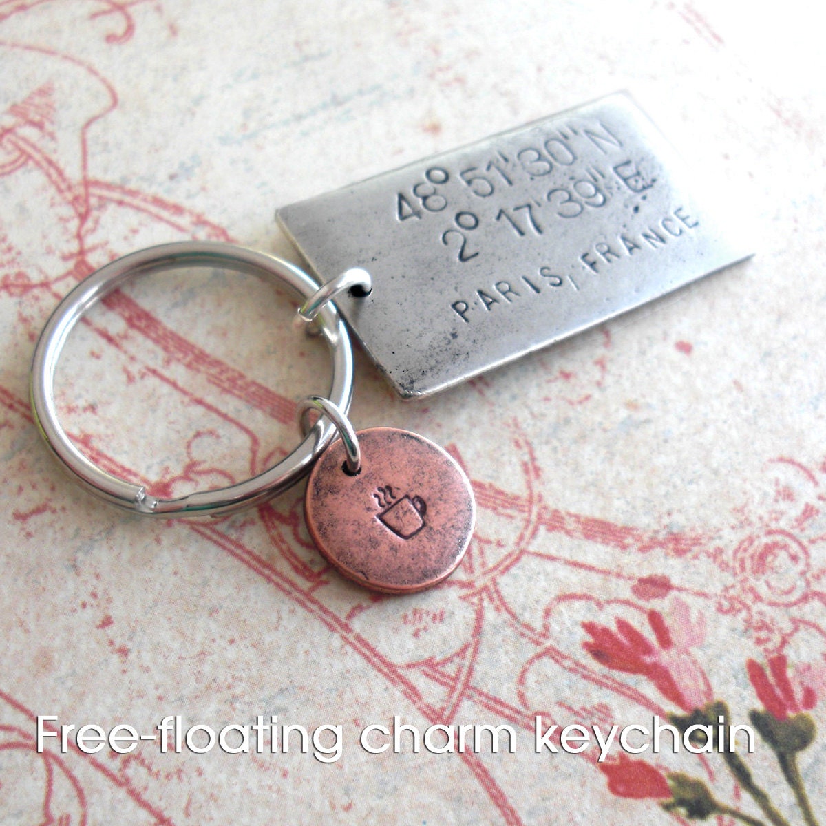 Grande GPS Coordinates Keychain - Hand Stamped Antiqued Silver charm, customize engraved metal square, for someone who has everything
