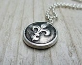Silver Fleur de Lis Necklace - Wax Seal Style Pendant, Fine Silver PMC, Sterling Silver, Vintage-style, Rustic, Gift under 50
