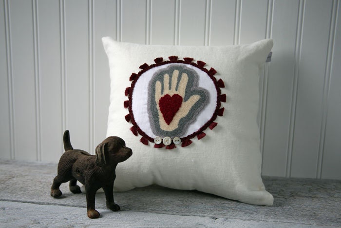 Decorative Pillow, Linen Cushion, Heart In Hand, Folk Art, Cream, Off White, Punch Needle Embroidery, Grey, Maroon, Oxblood Red, Home Decor