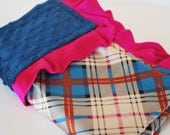 EMERSON BABY BLANKET.......... Royal blue with Blue Plaid satin and fuschia trim ...........Beautiful Baby blanket