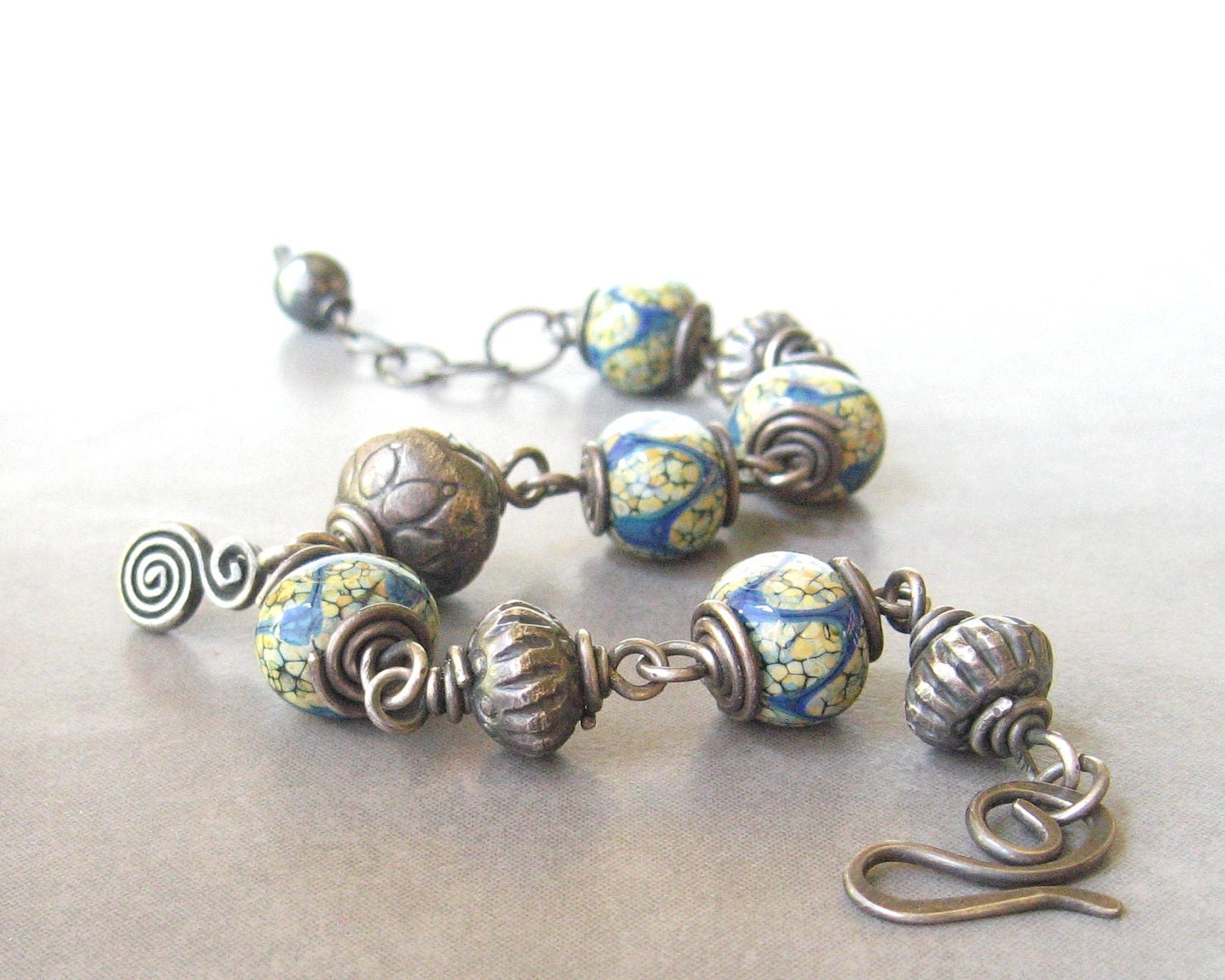 wire wrapped bracelet, raku lampwork bracelet, blue tribal bracelet, oxidized sterling silver