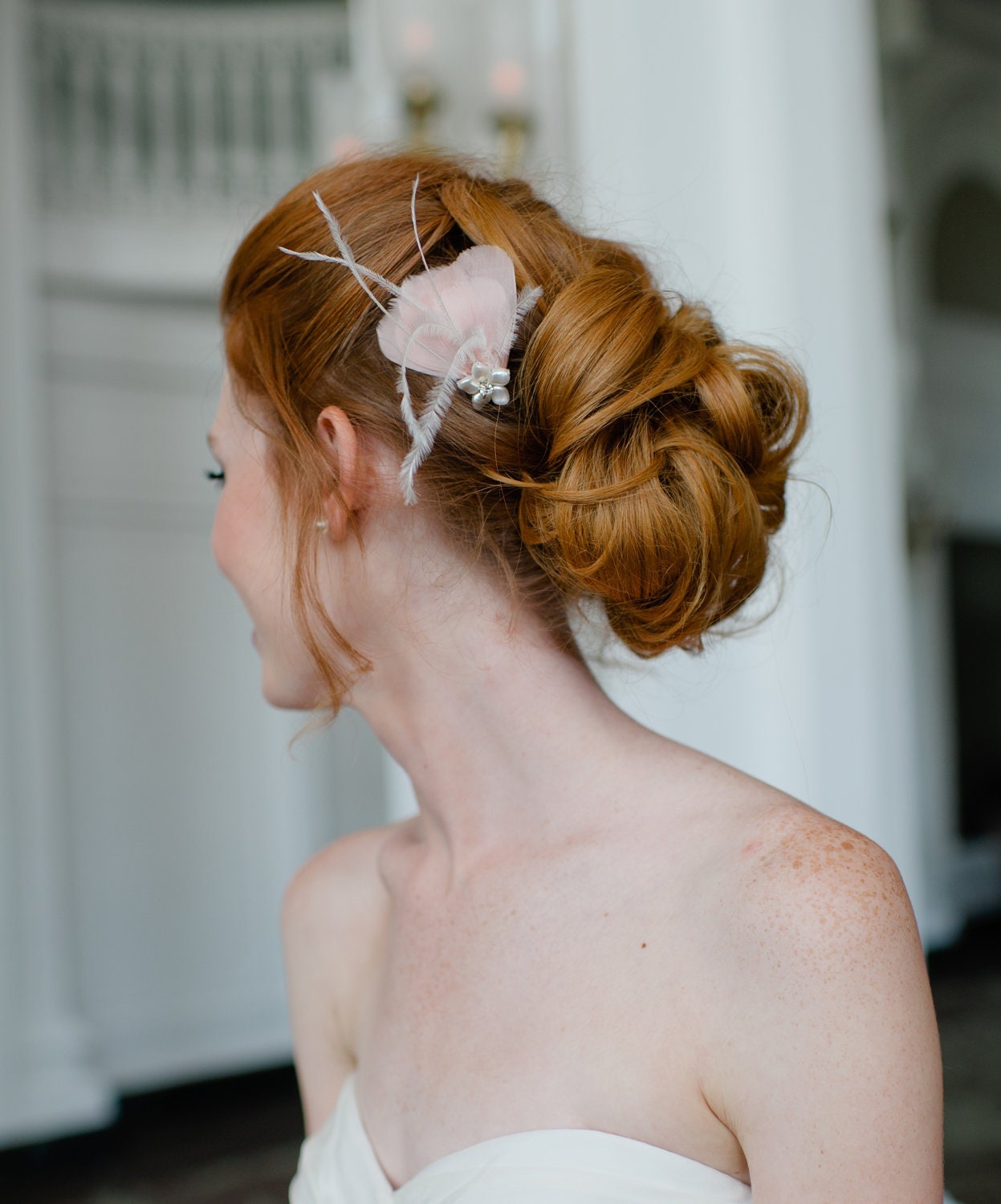 Handmade Bridal Accessory Simple Feather Hair Pin in Blush Pink and Ivory by Fine & Fleurie