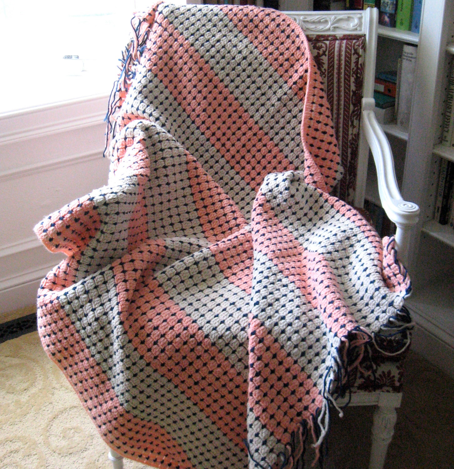 Vintage Vanilla and Peach CROCHET THROW 1970s