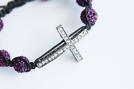 Gunmetal Cross with Rhinestones and dark purple swarovski crystal beads shamballa bracelet